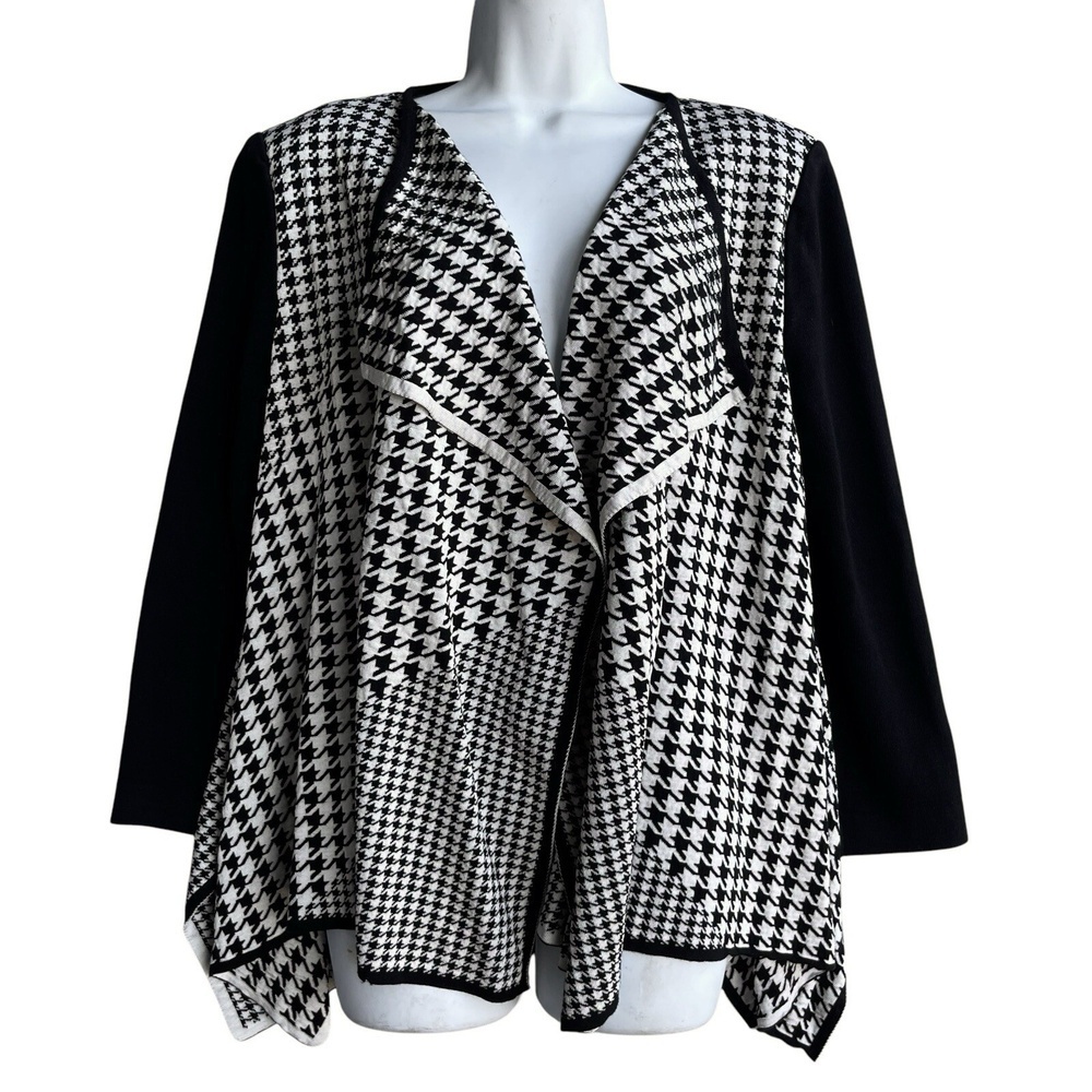 St. John Houndstooth Waterfall Cardigan Wool Blend Sz M Black Open Front Sweater